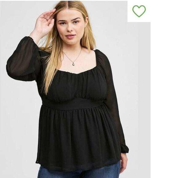 TORRID-Peplum Chiffon Long Sleeve Top-Size 1( 14/16; 1X)-Black - Picture 1 of 7